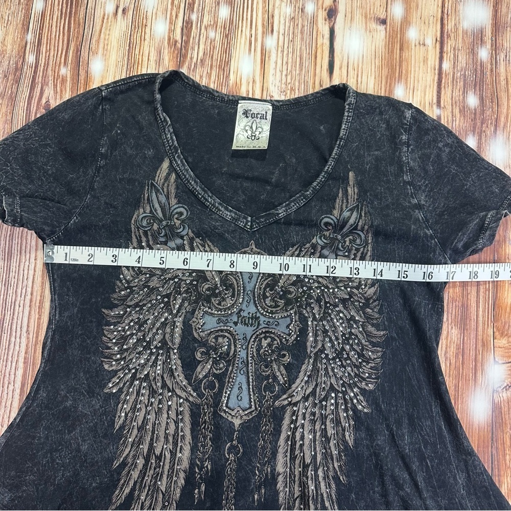Y2K Grunge Rhinestone Cross Wings Tunic Top Acid Wash Short Sleeve Size Medium - Picture 11 of 15